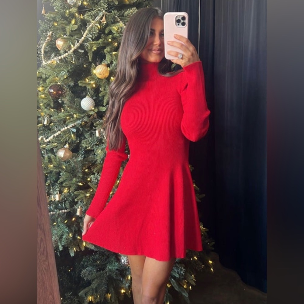 Red long sleeve knit mini dress